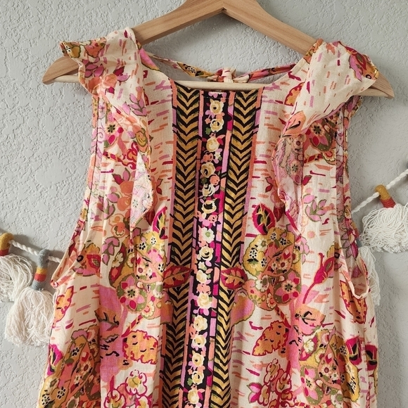 Free People Summer In Tulum Linen Blend Pink Floral Ruffle Mini Dress Boho M - Picture 5 of 9